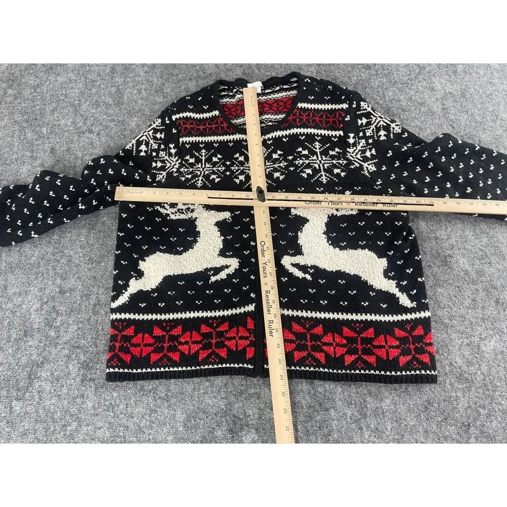 J Jill Sweater Womens Petites Large Black Deer Print Full Zip Cardigan Wool N313